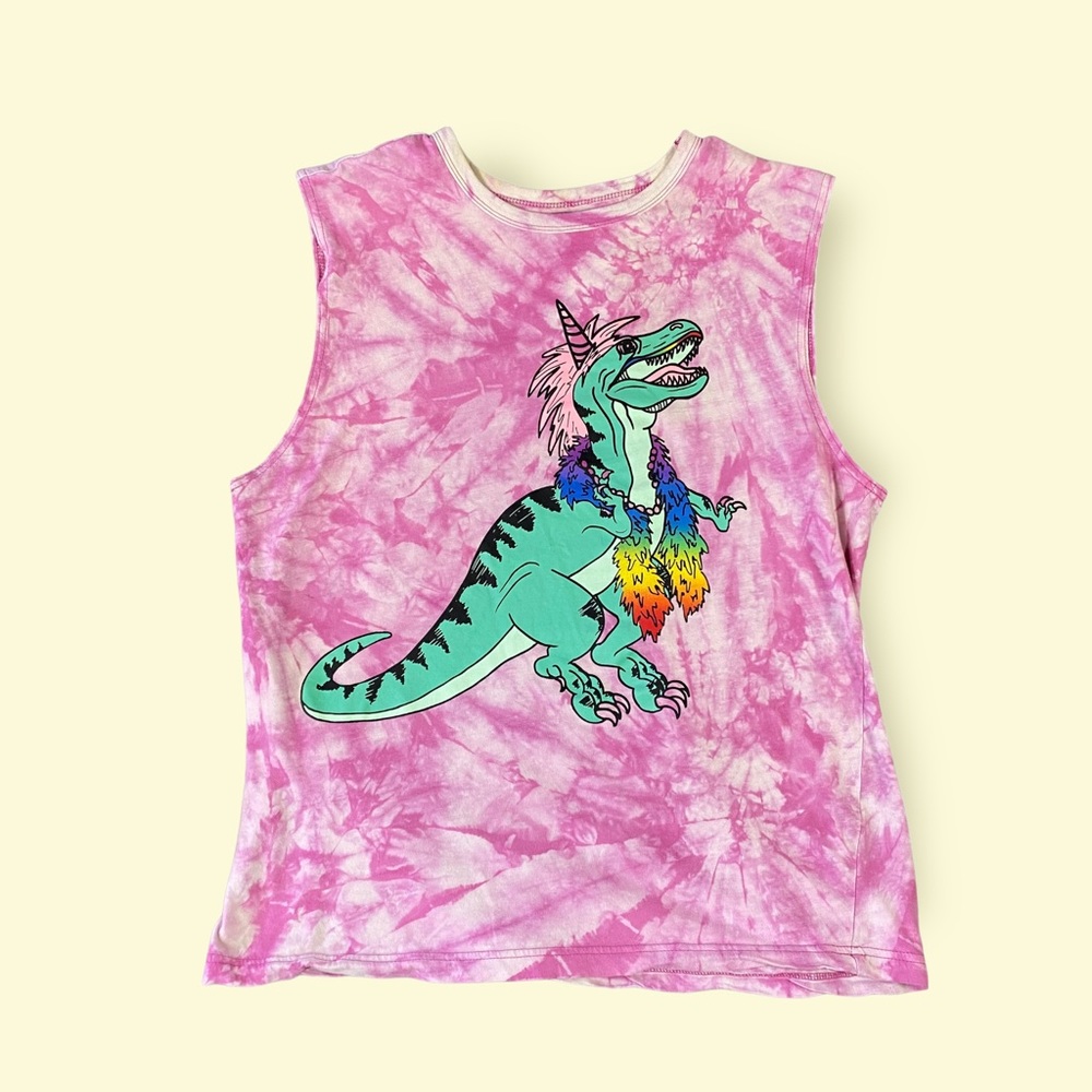 Well Worn Unicorn Rainbow Dinosaur Tank Top Sleeveless Tie Dye Pink Large